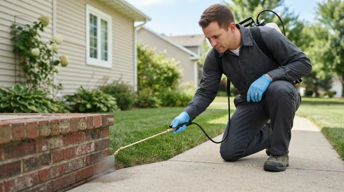Pest control technician treating a home near Stewart, MN